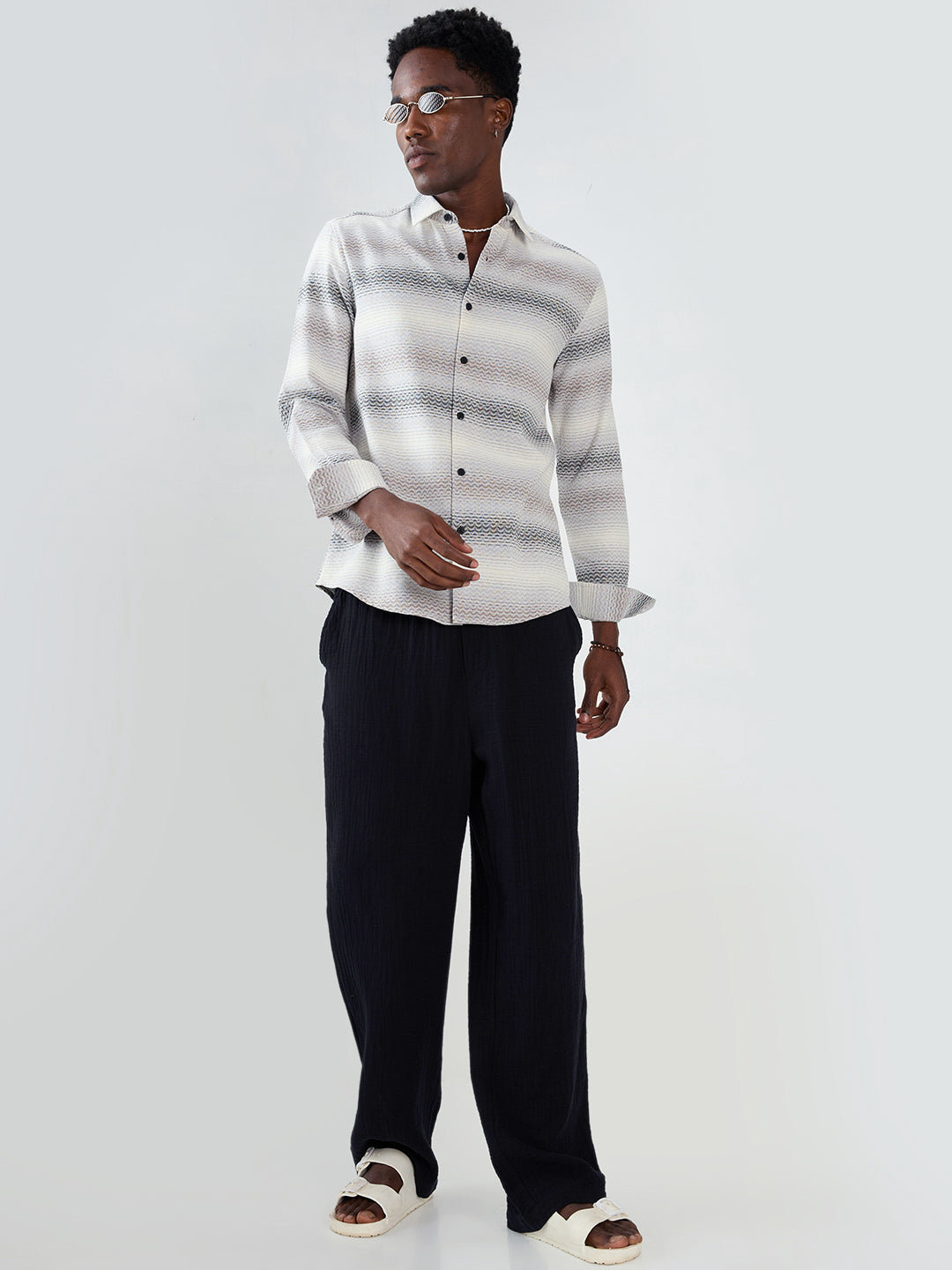 Grey Jacquard Wave Pattern Striped Shirt