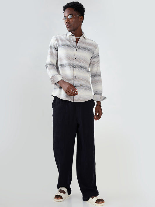 Grey Jacquard Wave Pattern Striped Shirt