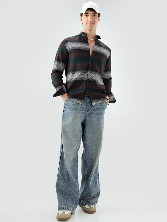 Premium Black Contrast Motif Striped Shirt