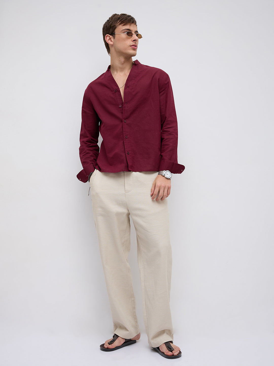 Deep Maroon Linen Blend Stand Collar Oversized Shirt