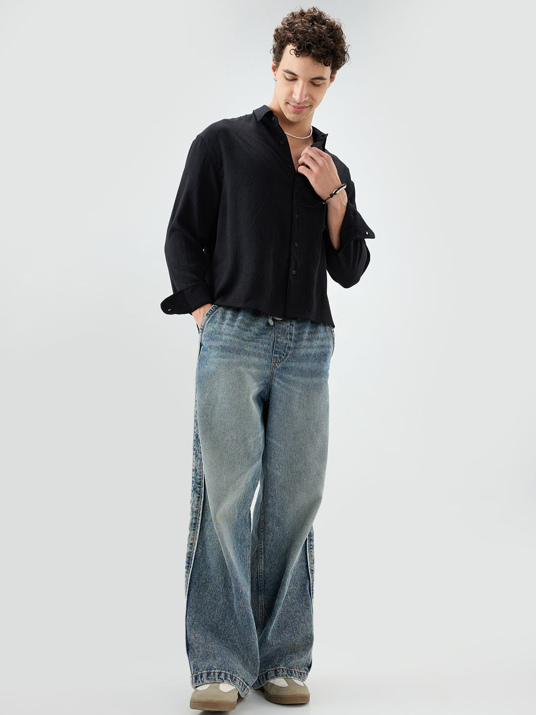 Classic Black Slub Textured Fine Weave Boxy Fit Crop Shirt