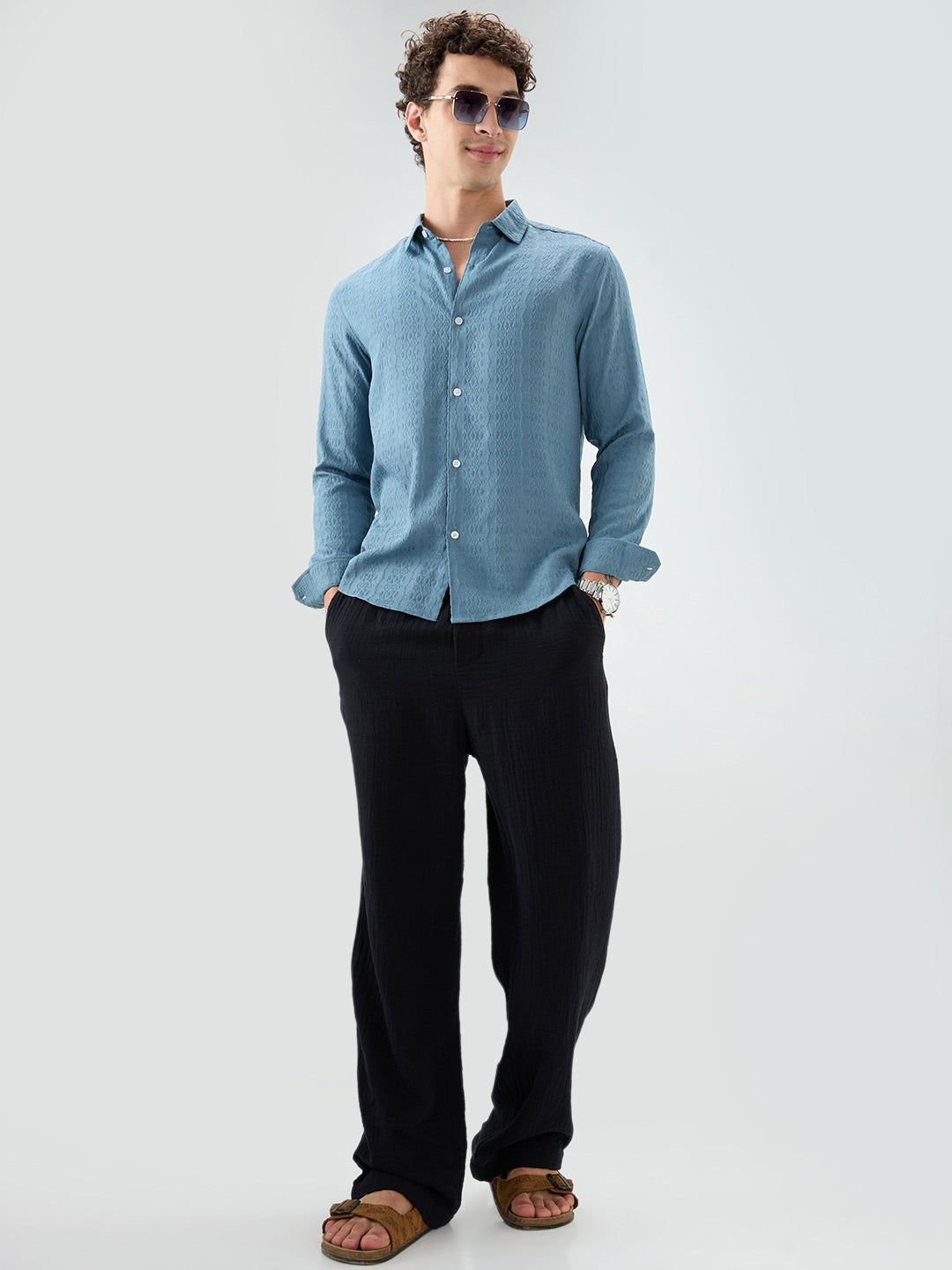 Ocean Teal Motif Raised Textured Crinkled Shirt