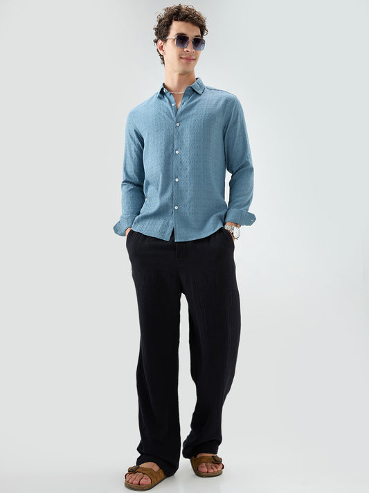 Ocean Teal Motif Raised Textured Crinkled Shirt