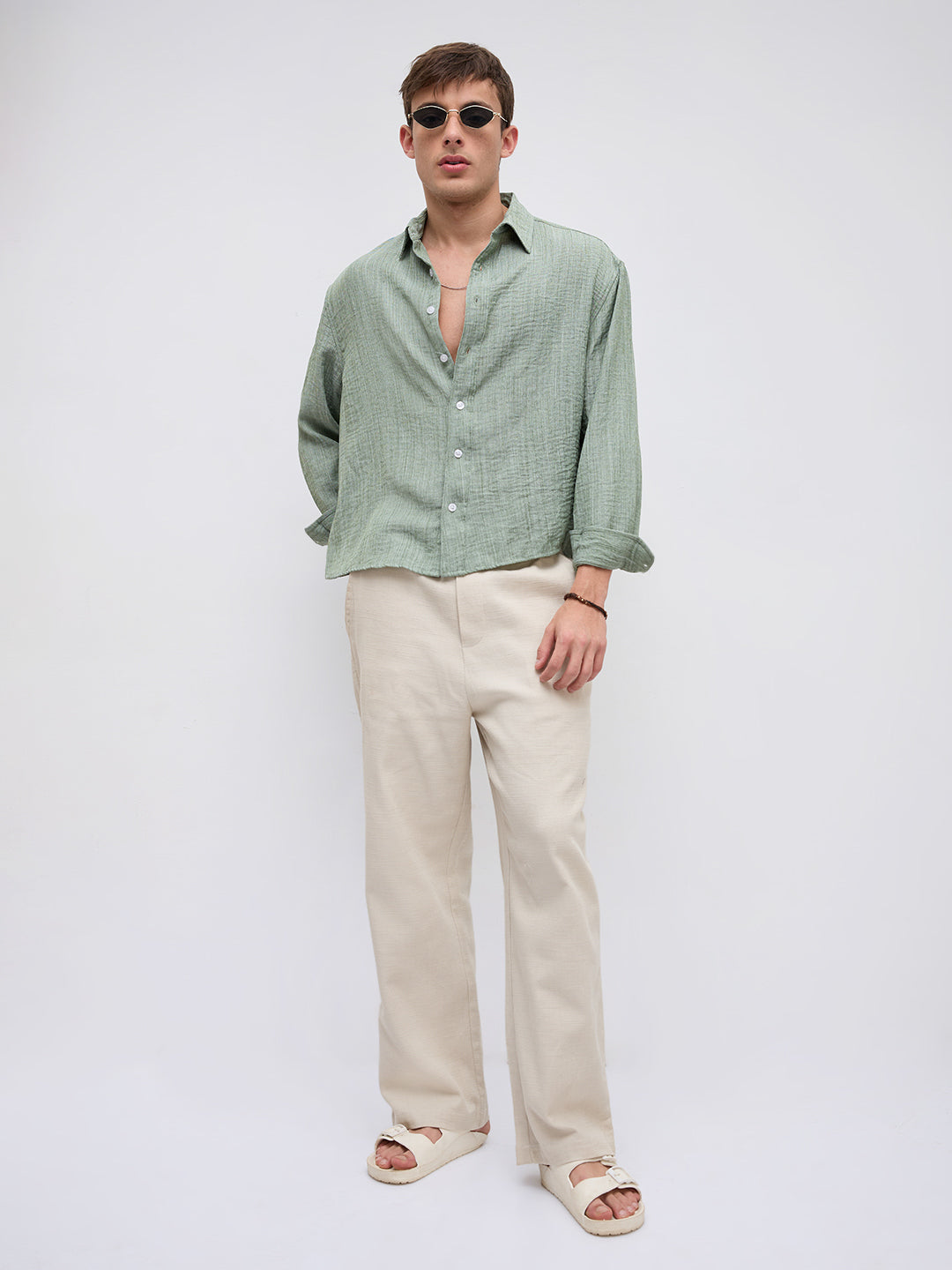 Mint Green Textured Boxy Fit Crop Shirt