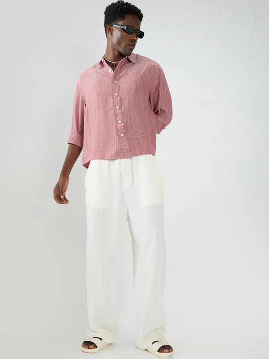 Elegant Brick Red Textured Boxy Fit Crop Shirt