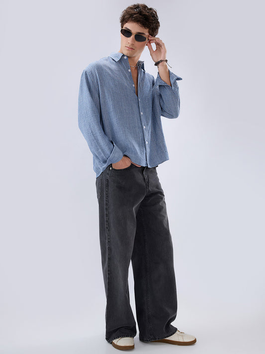 Slate Blue Textured Boxy Fit Crop Shirt