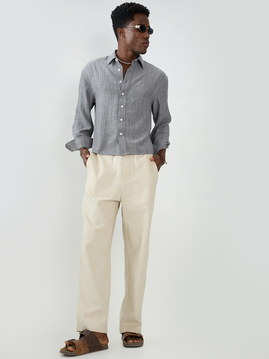 Grey Textured Boxy Fit Crop Shirt