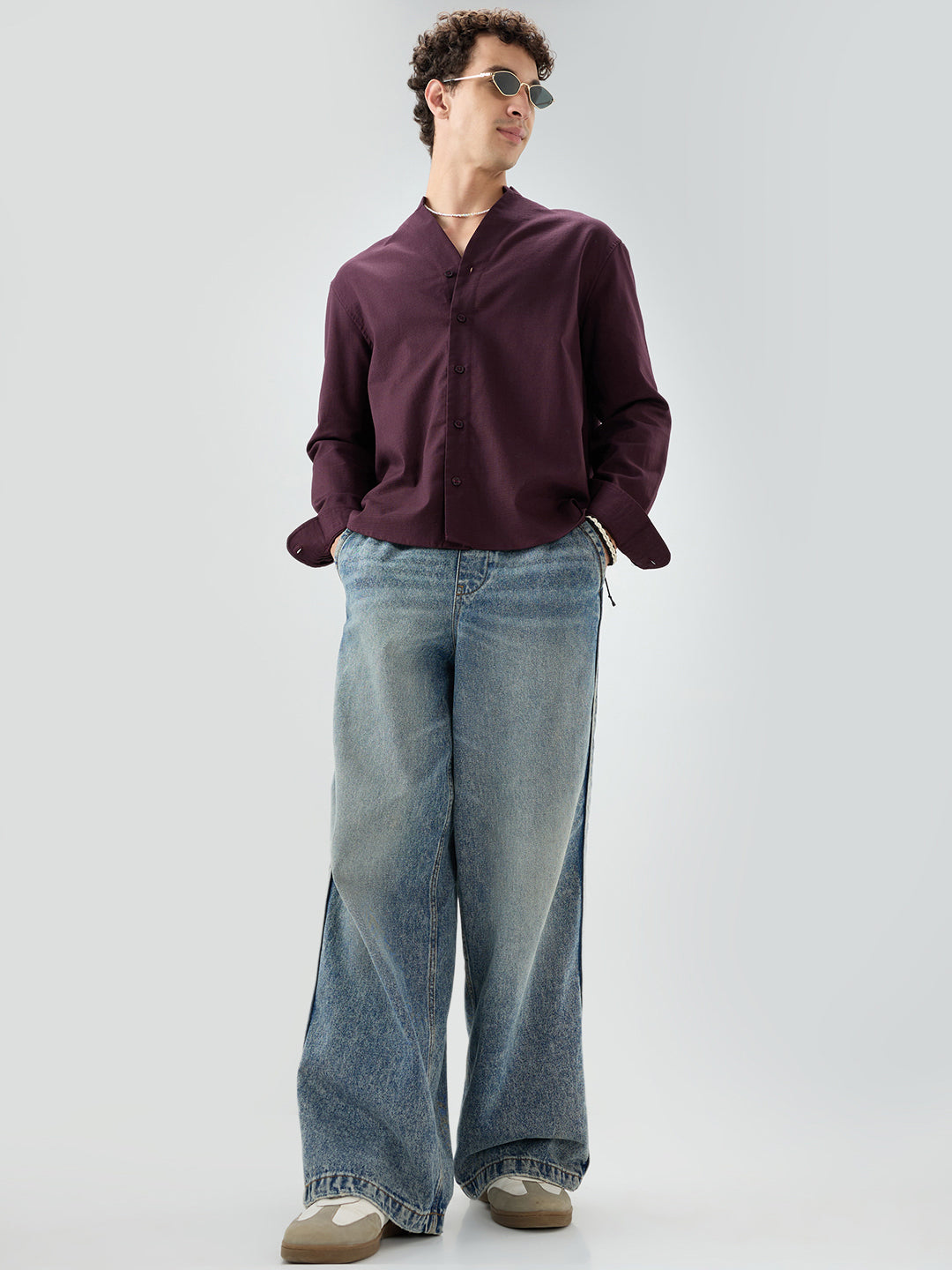 Maroon Fine Weave Oversized Stand Collar Shirt