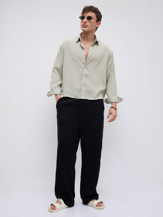 Sage Green Fine Weave Boxy Fit Crop Shirt