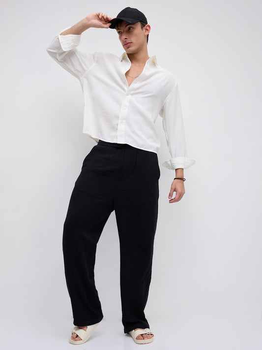 Pearl White Slub Crinkled Boxy Fit Crop Shirt