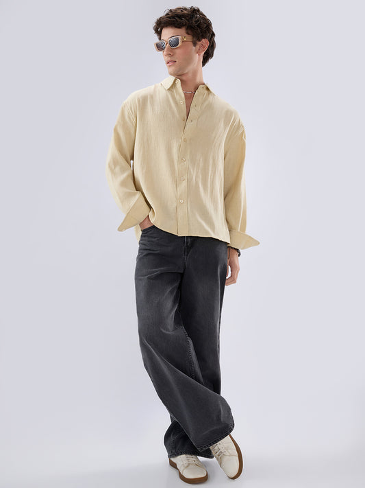 Sunwash Beige Slub Textured Boxy Fit Crop Shirt