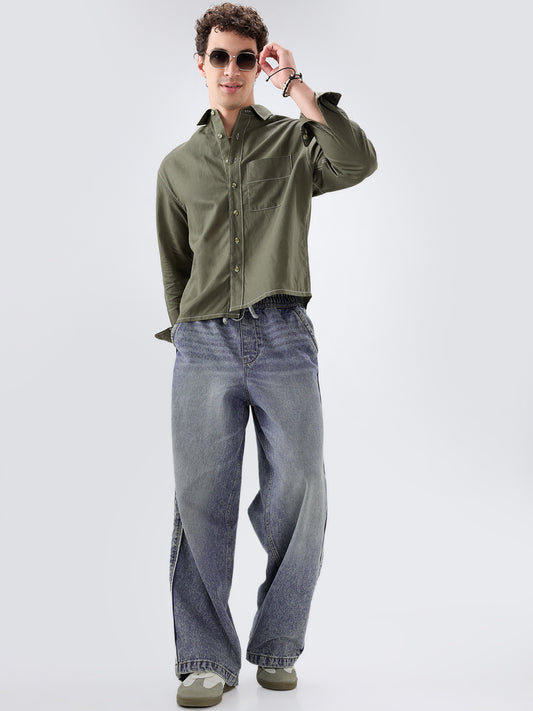 Timeless Olive Linen Blend Contrast Stitch Boxy Fit Crop Shirt