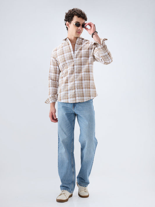Walnut Brown Plaid Checks Textured Shirt