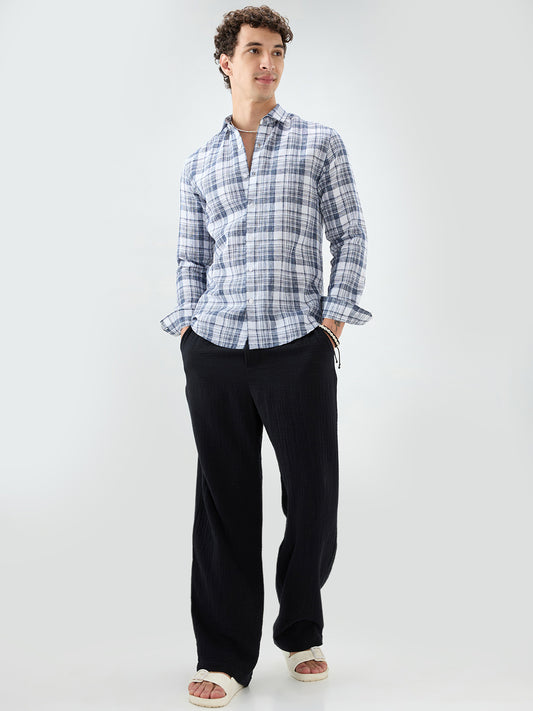 Navy & White Plaid Checks Textured Shirt