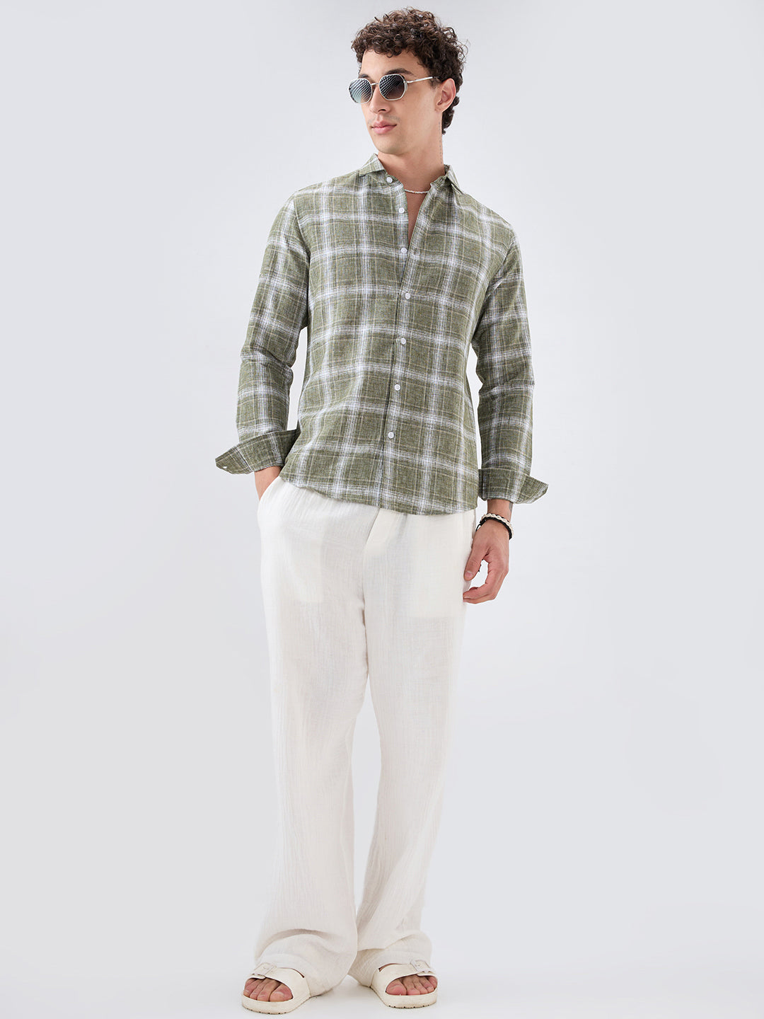 Olive Abstract Grid Checks Textured Shirt