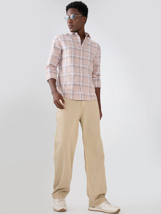 Dusty Pink Contrast Plaid Checks Textured Shirt