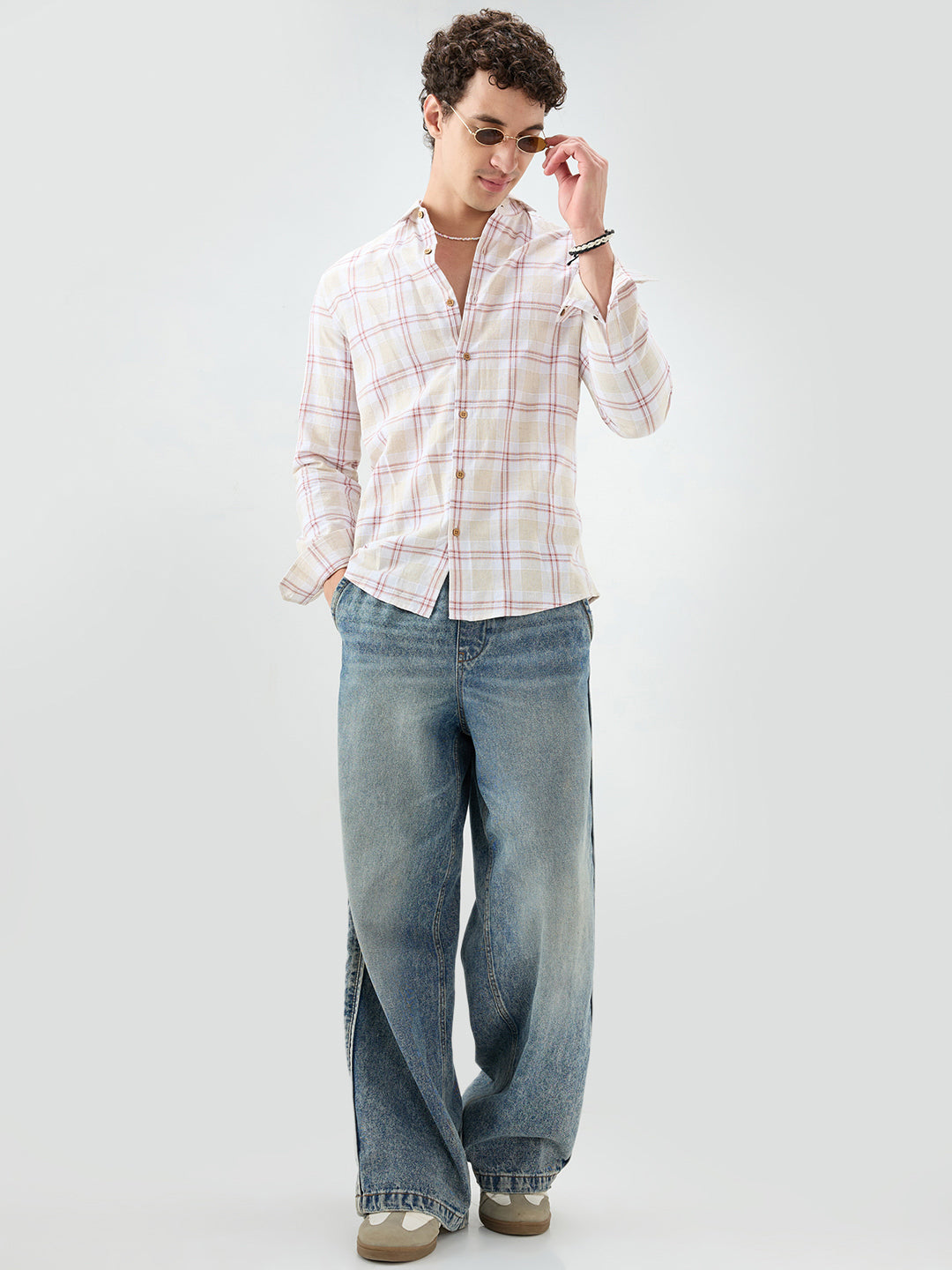 Sand Beige Windowpane Checks Linen Blend Shirt