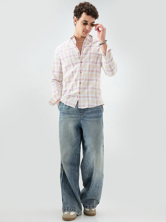 Sand Beige Windowpane Checks Linen Blend Shirt