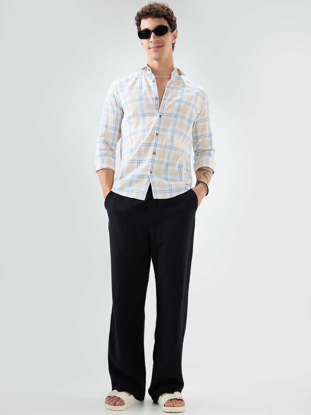 Soft Sand Contrast Windowpane Checks Linen Blend Shirt