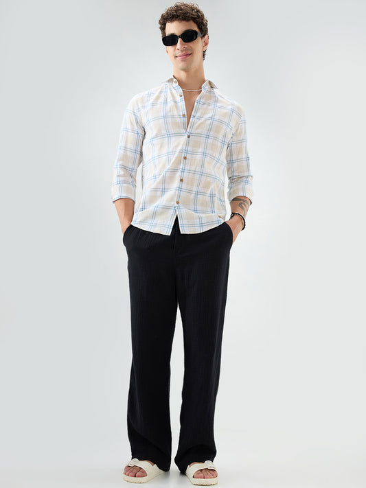 Soft Sand Contrast Windowpane Checks Linen Blend Shirt
