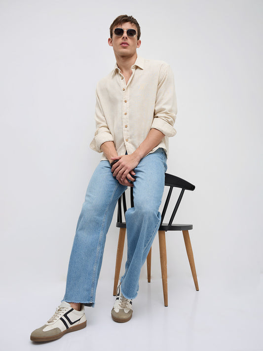 Natural Beige Grain Loom Linen Blend Boxy Fit Crop Shirt