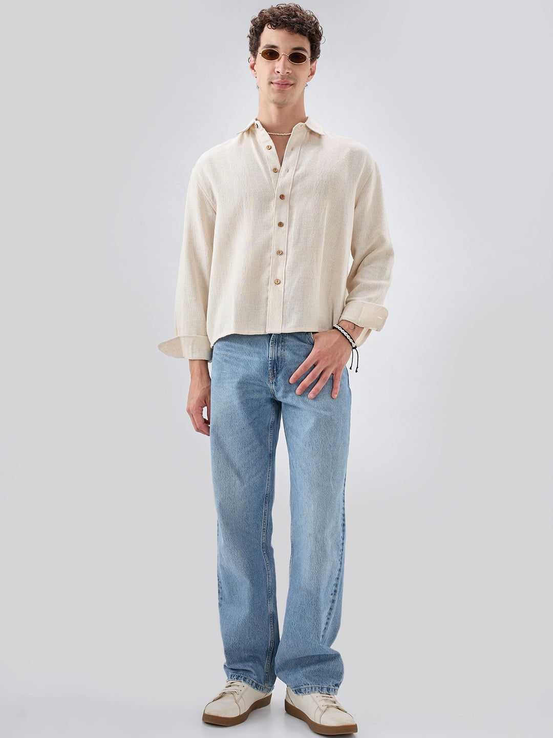 Raw Linen Blend Micro Weave Lozenge Textured Boxy Fit Crop Shirt