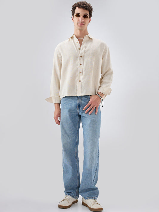 Raw Linen Blend Micro Weave Lozenge Textured Boxy Fit Crop Shirt