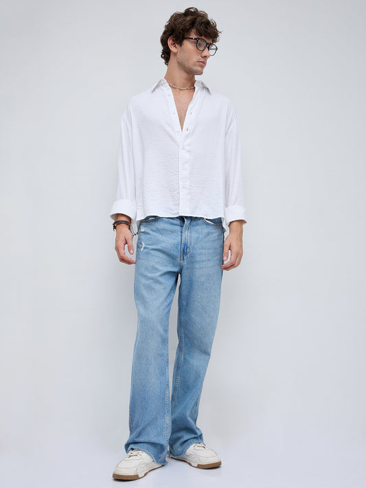 Soft Snow White Crinkled Boxy Fit Crop Shirt