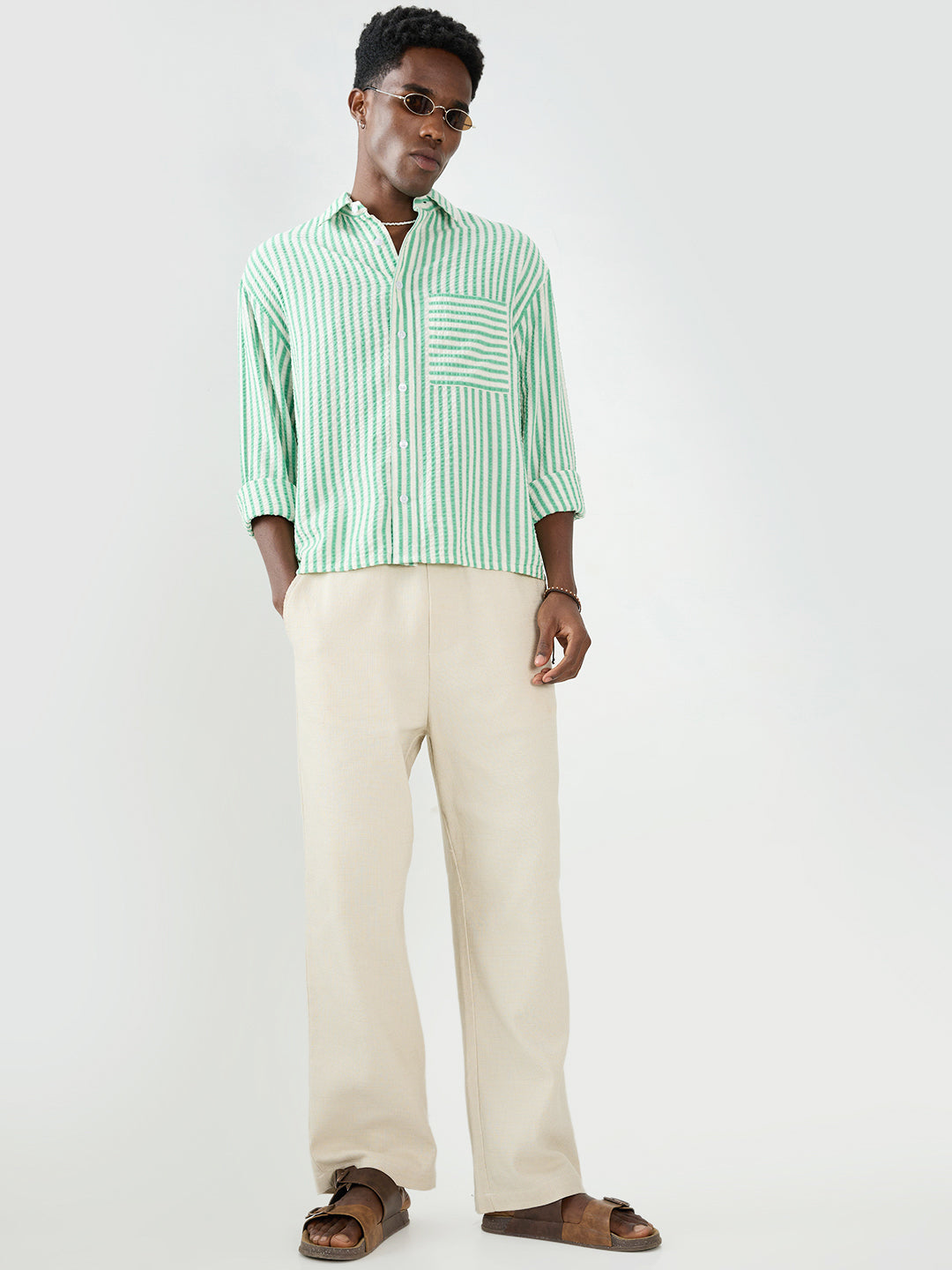 Spring Green Seersucker Candy Striped Boxy Fit Crop Shirt