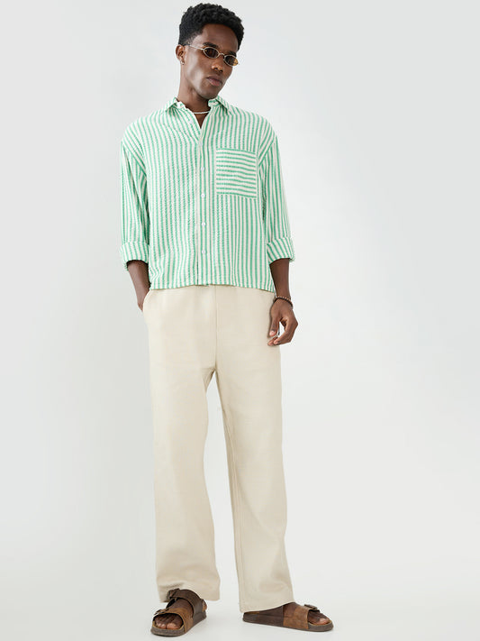 Spring Green Seersucker Candy Striped Boxy Fit Crop Shirt