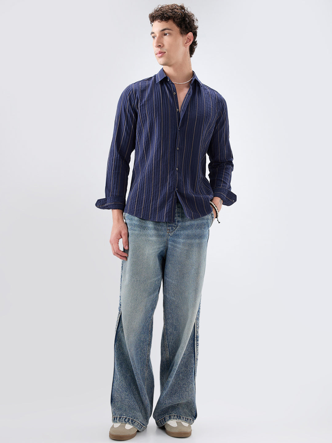 Intricate Navy & Olive Raised Striped Shirt