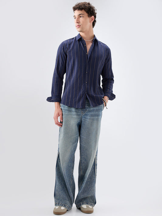 Intricate Navy & Olive Raised Striped Shirt