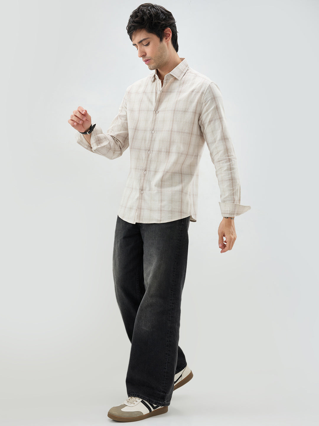 Timeless Sand Beige Plaid Checks Textured Shirt