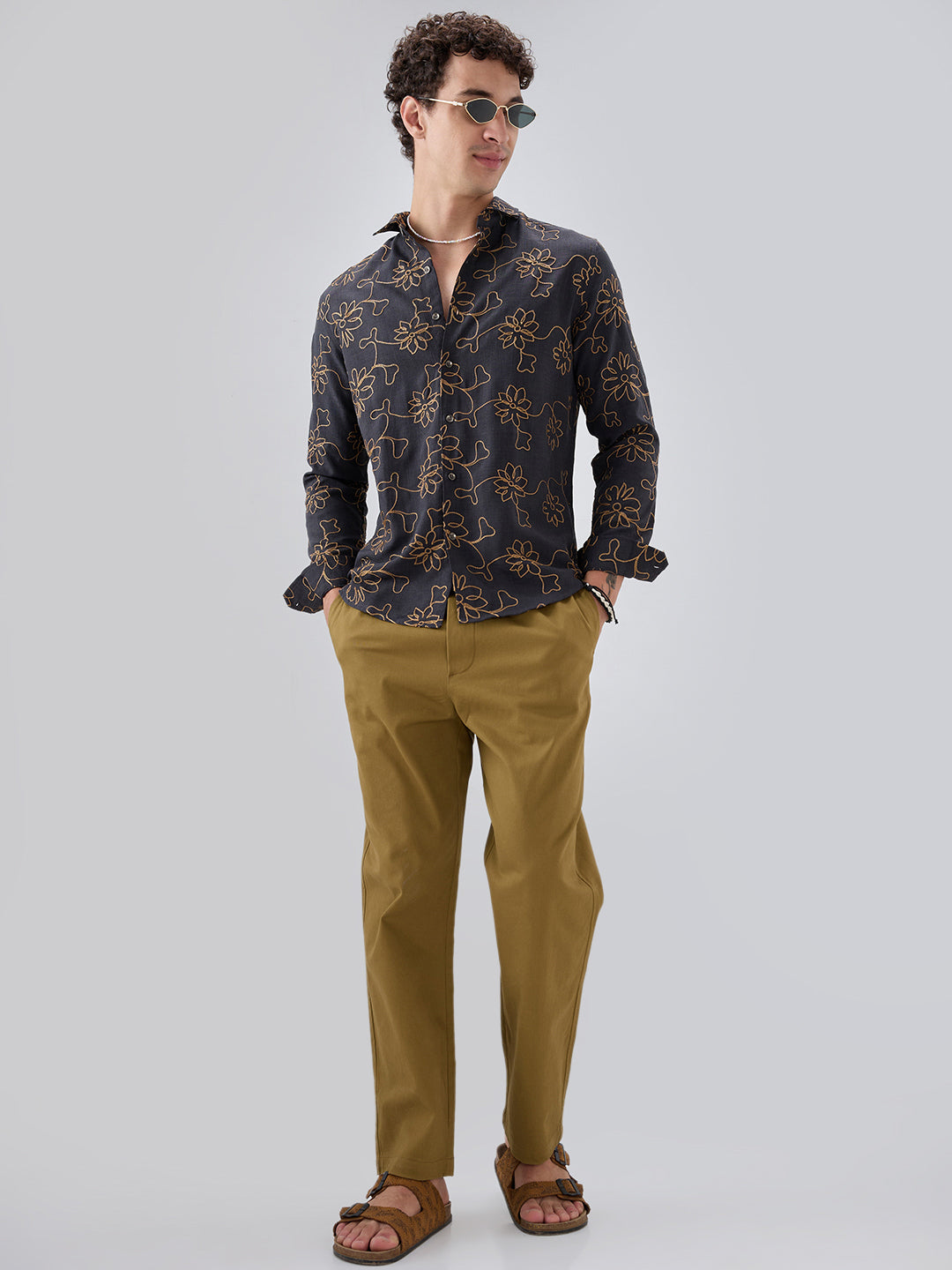 Grey Slub Textured Floral Contrast Embroidered Shirt
