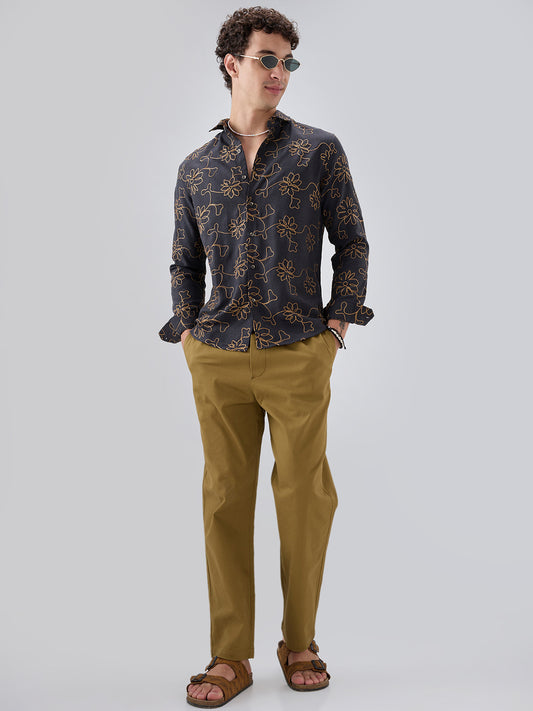 Grey Slub Textured Floral Contrast Embroidered Shirt