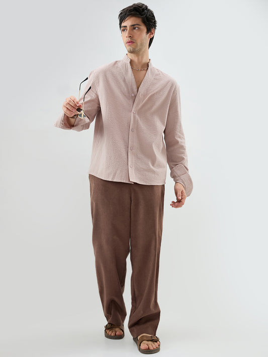 Taupe Beige Seersucker Striped Stand Collar Oversized Shirt