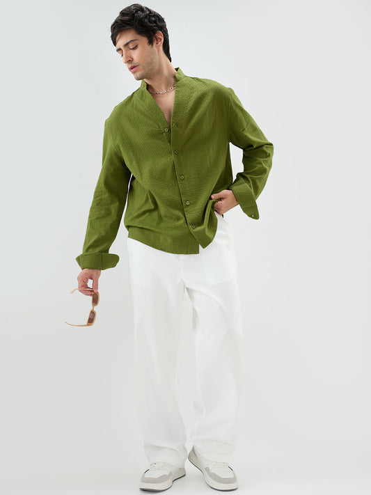 Basil Green Seersucker Striped Stand Collar Oversized Shirt