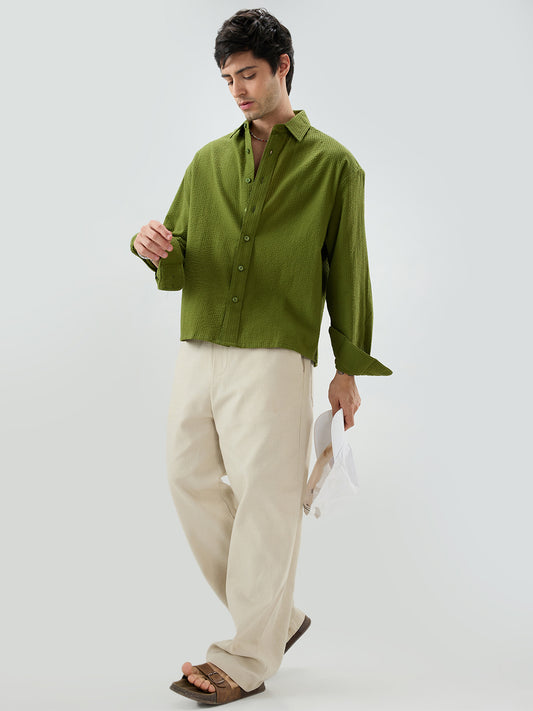 Basil Green Seersucker Striped Boxy Fit Crop Shirt
