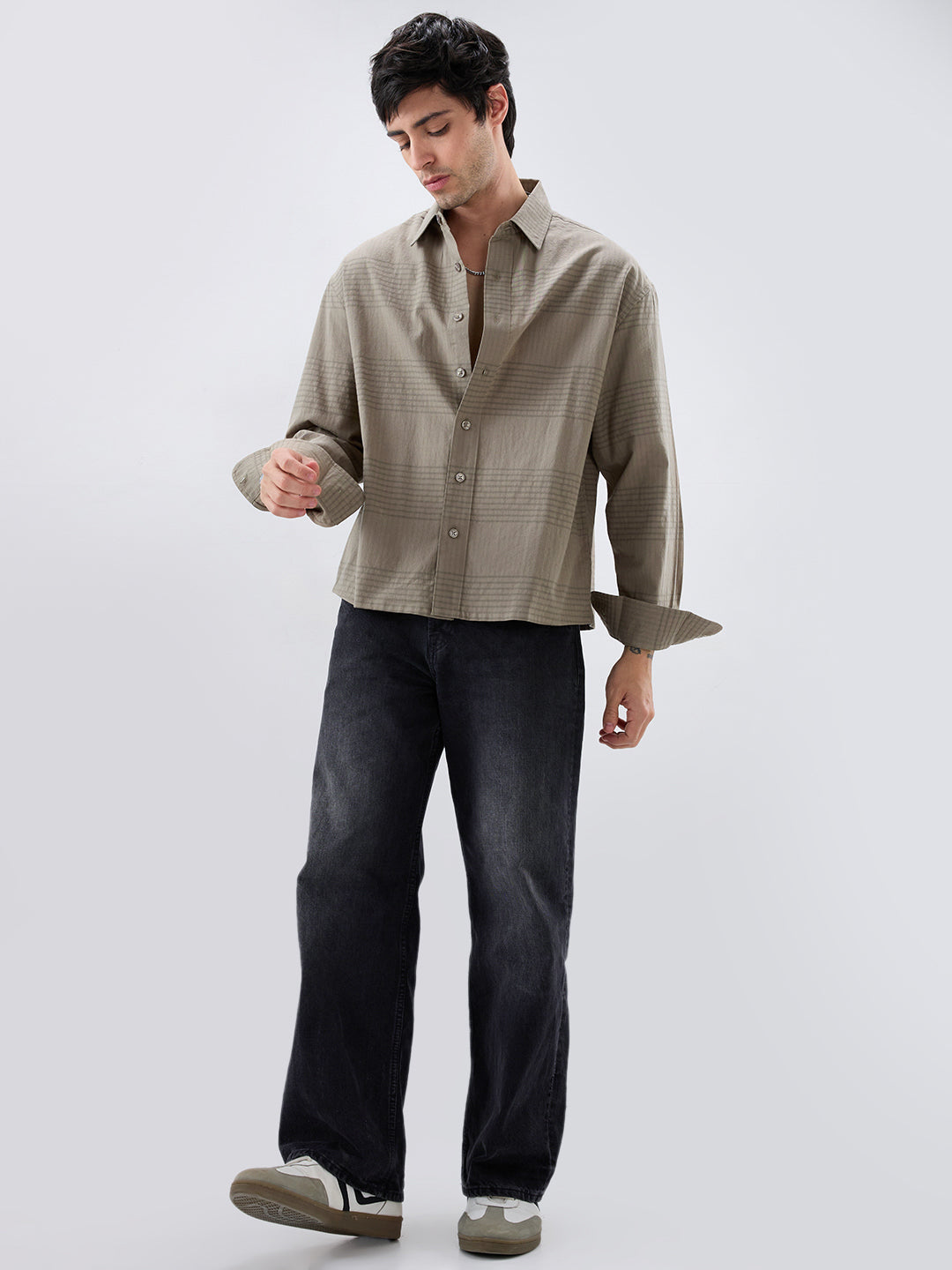 Olive Horizontal Striped Boxy Fit Crop Shirt