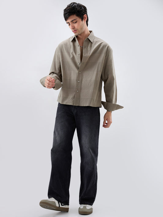Olive Horizontal Striped Boxy Fit Crop Shirt
