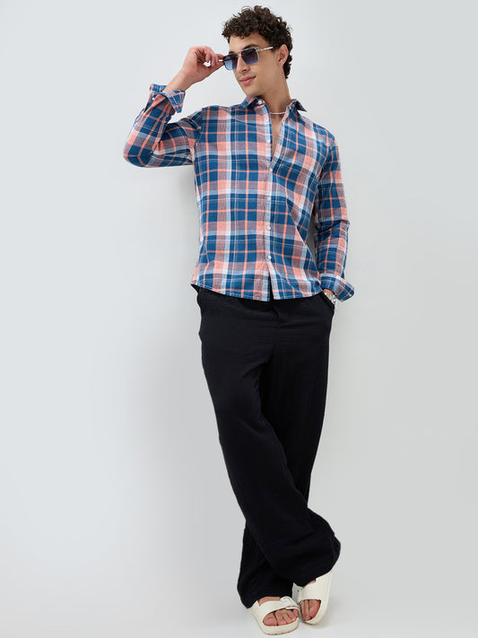 Denim Blue & Pink Multi Line Block Checks Shirt