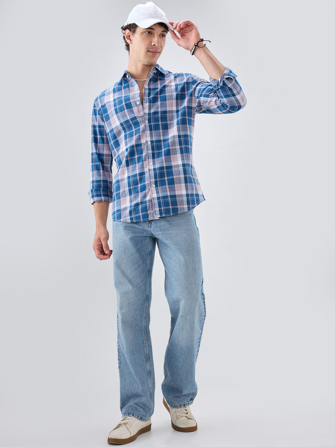 Denim Blue & Peach Multi Line Block Checks Shirt