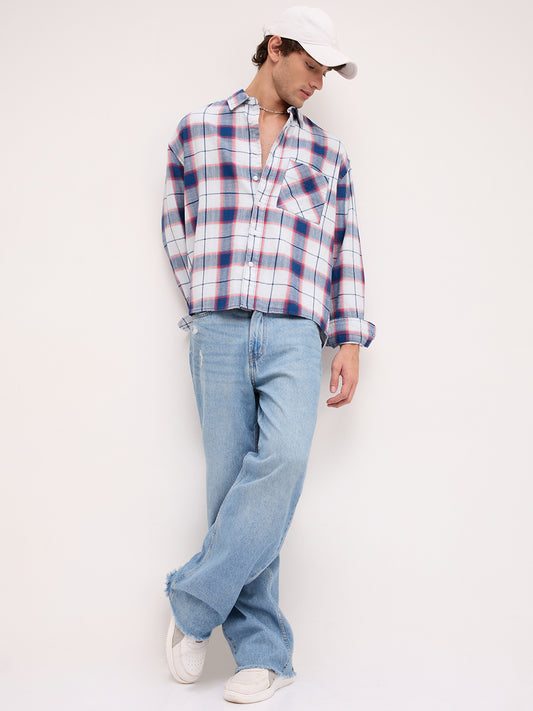 Denim Multi Tone Herringbone Checks Boxy Fit Crop Shirt