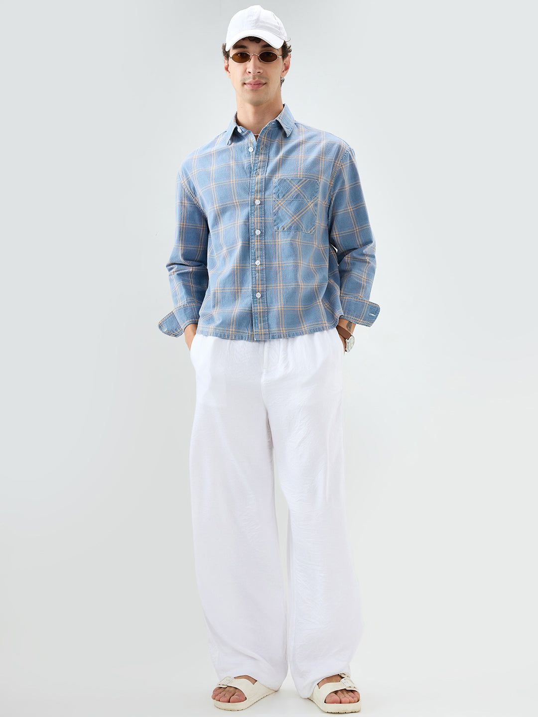 Denim Blue & Yellow Multi Line Checks Boxy Fit Crop Shirt