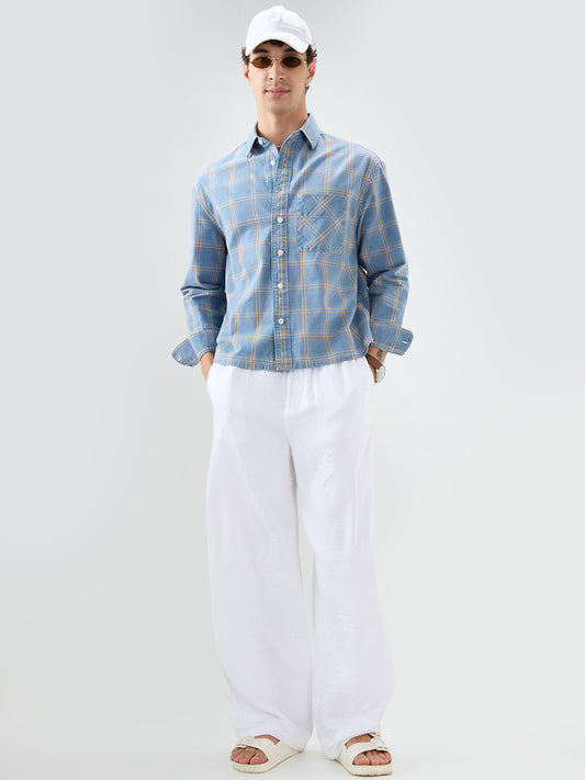 Denim Blue & Yellow Multi Line Checks Boxy Fit Crop Shirt