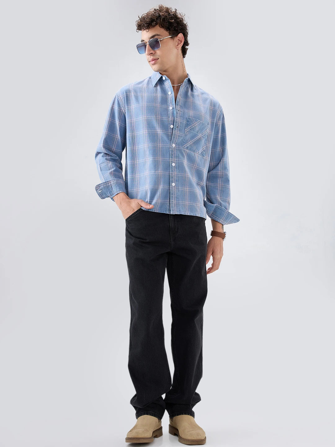 Denim Blue Multi Line Plaid Checks Boxy Fit Shirt