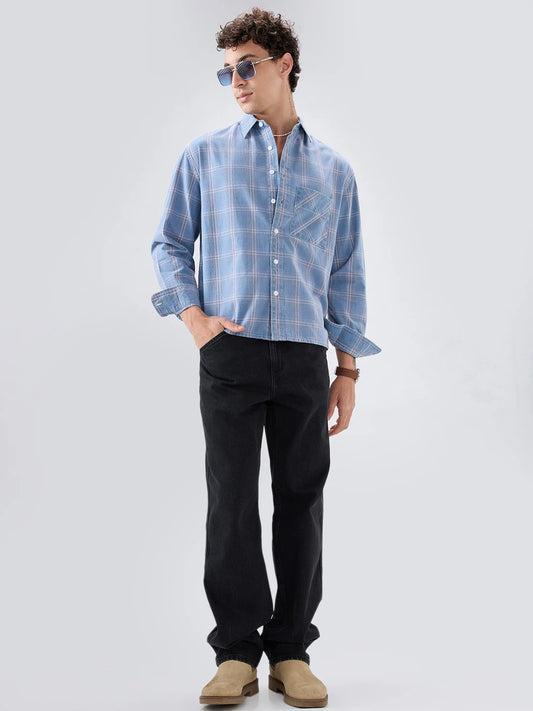 Denim Blue Multi Line Plaid Checks Boxy Fit Shirt