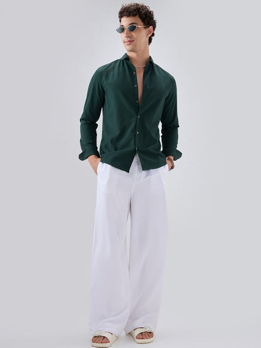 Deep Forest Green Minimal Weave Crinkled Shirt