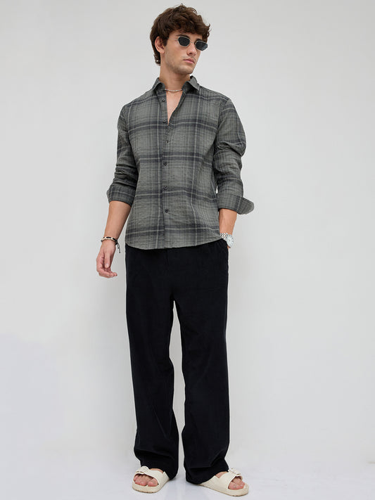 Olive & Black Plaid Checks Textured Shirt