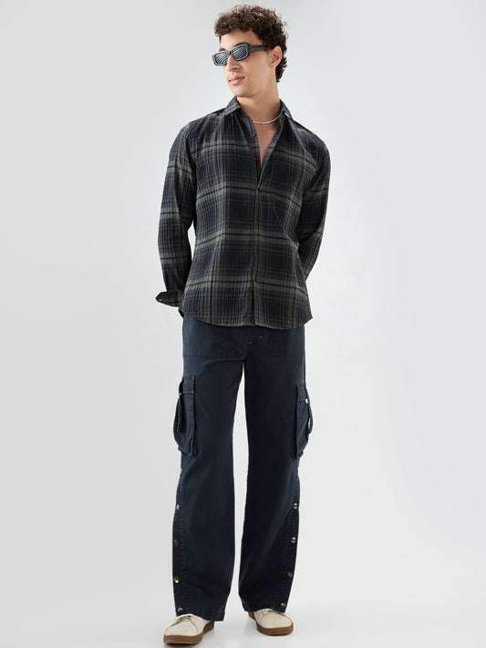 Black & Olive Plaid Checks Textured Shirt